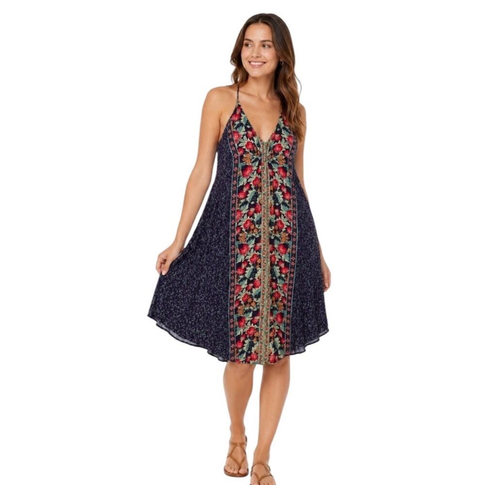ASTR The Label Annabeth Floral Midi Border Print  Boho Swing Dress Size Large